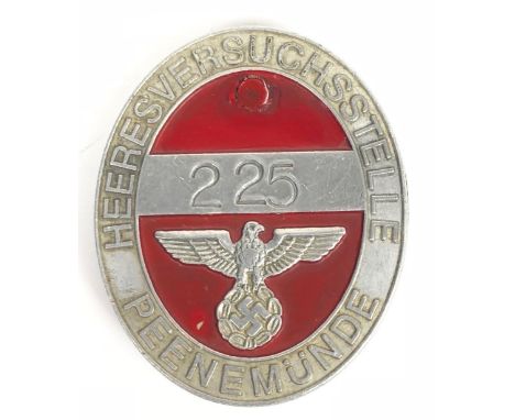 German Third Reich PeenemÃ¼nde Army Research Centre for V2 Rockets worker  access badge.  Good scarce die-cast oval aluminium