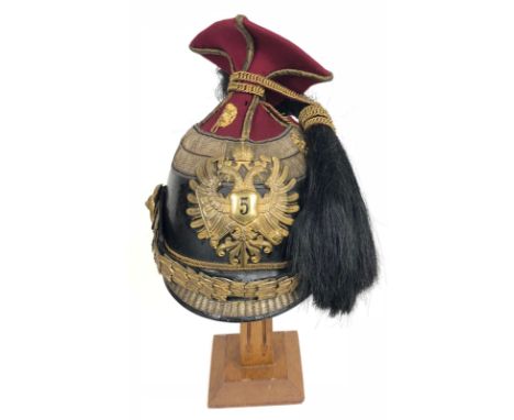Austrian landwehrulanen (Lancer) Regiment 5 Officer's Chapka.  A rare example, with glazed black leather skull and peak, the 