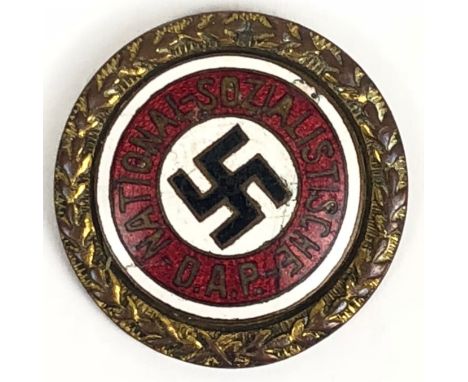 German Third Reich NSDAP Gold Party Badge by Jos.Fuess Munchen.  Good rare small version (25 mm) in gilded tombac and enamels