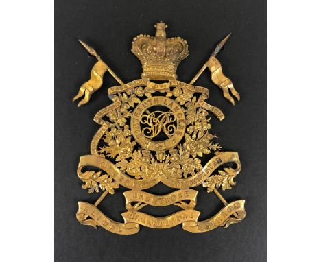 16th Queen's Lancers Victorian Officer's undress Sabretache ornament.  Fine rare gilt crowned multi-part hounor scroll surrou