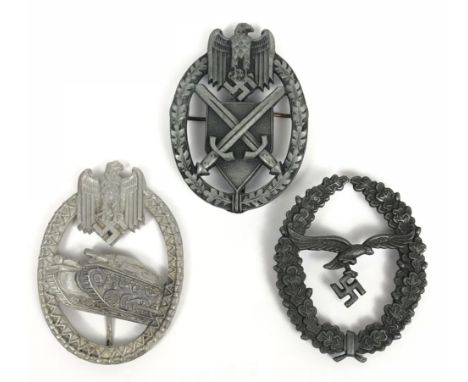 German Third Reich. 3 x Marksman lanyard devices.  Good die-stamped aluminium examples. One 2nd pattern Army, one for Panzer 