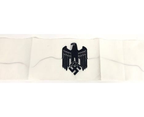 German Third Reich Army Recruiting Service armband.  Good scarce black machine embroidered eagle and swastika on white rayon.