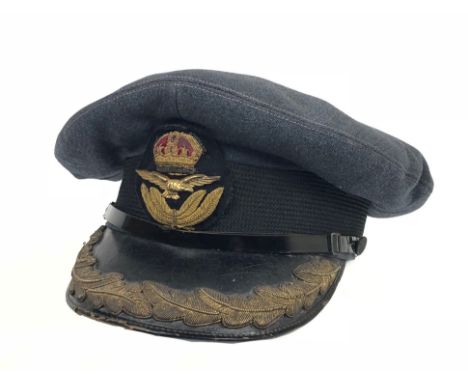 RAF WW2 Period Group Captain Peaked Cap  A rare example, the leather peak adorned with a single row of gold bullion oak leave