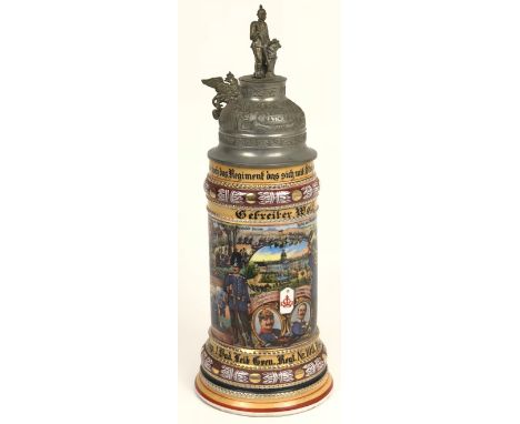 Imperial German 109th Infantry Regiment 1912-14 Beer Stein.  A very good and colourful decorative white pottery example. The 