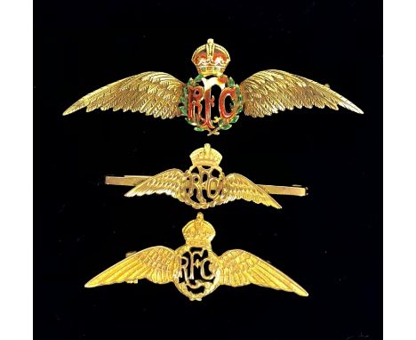 3 Royal Flying Corps Regimental Gold Sweetheart Brooches. Three examples depicting the RFC pilot wings. comprising: Yellow me