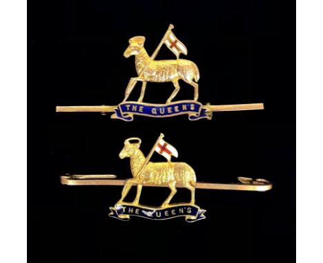 2 Queen's Royal West Surrey gold Regimental Sweetheart Brooches. Two examples depicting the Regimental device. The first stam