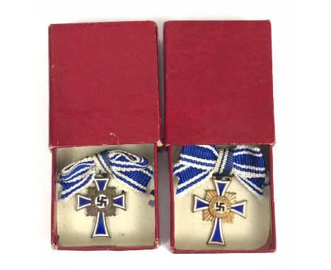 German Third Reich 2 x MINIATURE Cross of Honour of the German Mother.  The first a good silvered example with blue and white