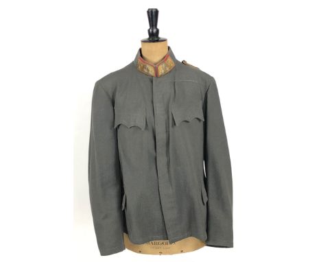 Austrian Officer's fly-fronted Field Grey blouse (service tunic). Good scarce example bearing scarlet collar-patches with wid