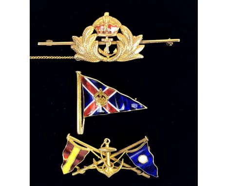 3 x Royal Navy Regimental Sweetheart Brooch &amp; Yacht Club Brooches. RN Officer's cap badge design with enamel decoration, 