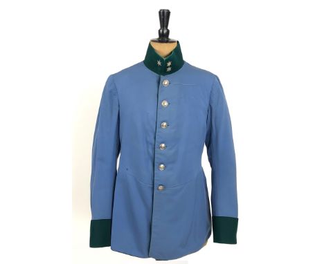 Austrian Officer's tunic, possibly Jaeger Regiment A good scarce light blue example with dark green collar, cuffs and piping.