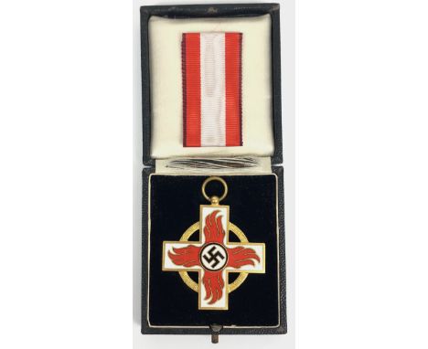 German Third Reich cased Fire Brigade Decoration 2nd Class.  A good die-cast example. The arms in white enamel with red ename