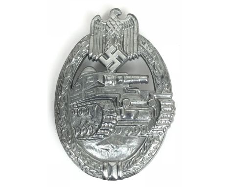 German Third Reich WW2 Army / Waffen SS Tank/Panzer Assault Badge. Good die-cast silvered zinc example. Approaching Panzer wi