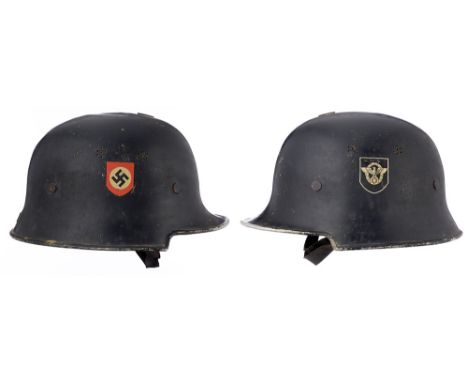 German Third Reich Fire Police double decal helmet.  A good example by D.R.P. Thale of the light weight helmet retaining Poli