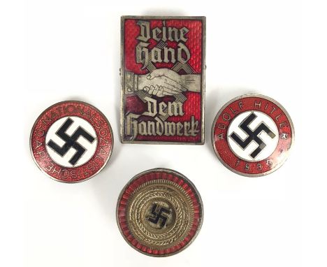German Third Reich. 4 enamelled badges.  Party badge (RZM marked, Fritz Zimmermann, Stuttgart) ... similar with ADOLF HITLER 