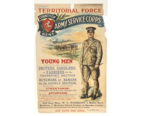 WW1 Kent Territorial Army Service Corps Recruiting Poster.   A rare colour printed illustrated recruiting poster depicting a 