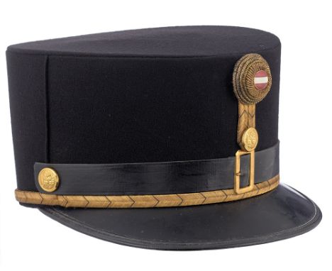 Austrian Officer's Shako by M Wolf of Wien.  Good scarce example of black cloth with patent leather peak. Complete with bulli
