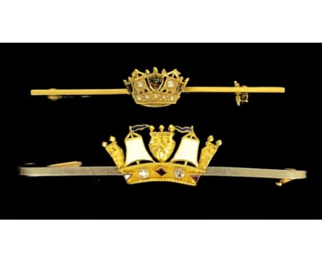 2 Royal Navy Nautical Crown Gold Sweetheart Brooches. The first with pearls and enamel decoration stamped 15ct. Width Approxi