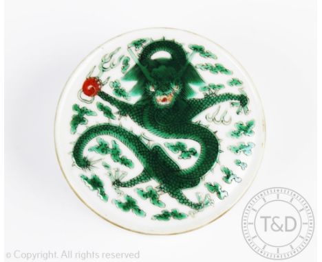 A late 18th century Chinese famille vert box and cover, of circular form, externally decorated with a four clawed dragon and 