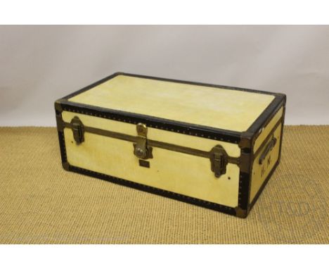 A vintage faux vellum travelling trunk, by Watjoy, with gilt metal braces, 35cm H x 92cm W x 52cm D