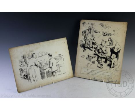 Herbert Samuel "Bert" Thomas (1883-1966), Two pen and ink cartoons on card, 'Anyhow, you'll 'ave to prove damage before you c