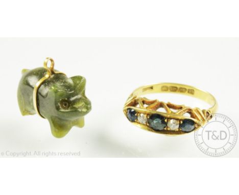 A George V sapphire and diamond five stone ring, the alternating stones in boat shaped setting, all in 18ct yellow gold, size