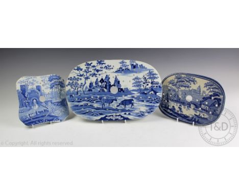 Three 19th century blue and white transfer printed pearl ware plate drainers or strainers, largest 31.1cm wide, decorated wit