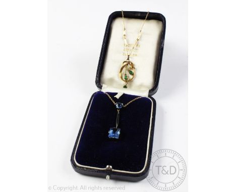 A 9ct yellow gold and blue stone set pendant, early 20th century within 'R French Jeweller, Glasgow' box along with a green s