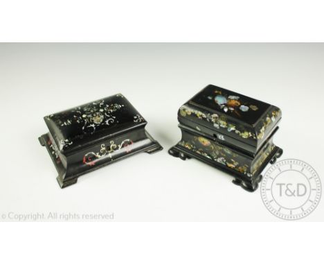 A Jennens and Bettridge work box, the sarcophogus lacquered, papier mache and painted box enclosing a fitted interior, stampe