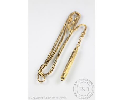 A Victorian yellow metal long chain with attached propelling pencil, the box link chain with attached spacer and delicate 'fi