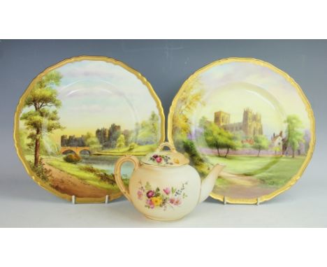 Two Royal Worcester cabinet plates, each hand painted depicting York Minster and Alnwick castle, signed 'G H Evans' and 'H.Ay