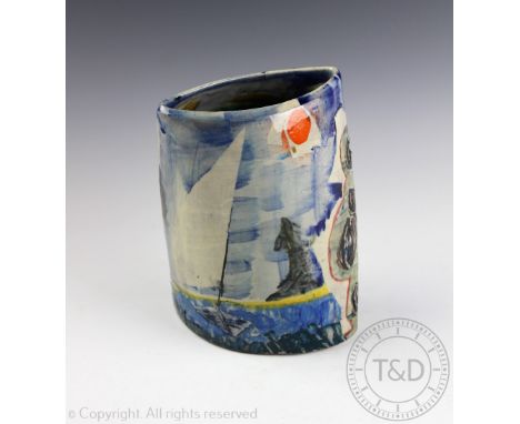 A Paul Jackson studio pottery textured seascape vase, decorated with boats at sea, signed and dated '04', 23cm high CONDITION