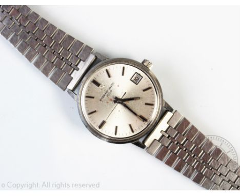 A gentleman's Eterna-matic 1000 stainless steel automatic date wristwatch, circa 1960, the silvered baton dial with centre sw