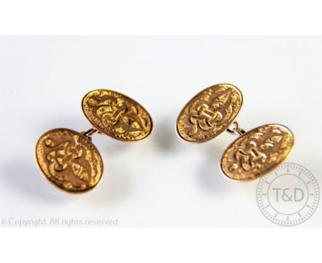 A pair of 15ct yellow gold cufflinks, Birmingham 1911, with entwined knot engraved decoration, gross weight 6.9gms 