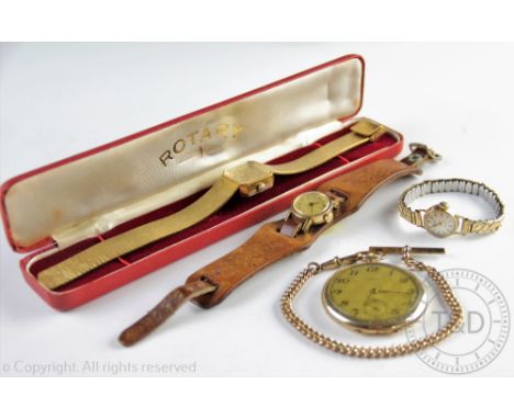 A lady's 9ct gold Rotary wristwatch, the circular silvered face with attached gold plated expanding strap, with a Timex watch