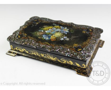 A Lane Birminghan Victorian work box, the rectangular lacquered, papier mache, painted and mother of pearl inlaid box with se