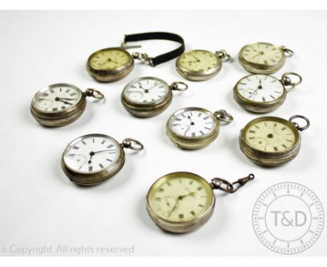 Ten silver cased open face pocket watches, each with white enamel dial and black Roman numerals with subsidiary seconds dial,