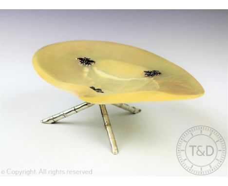 A Chinese silver and mother of pearl tripod dish, raised upon bamboo form silver legs, secured to the tray by three butterfly