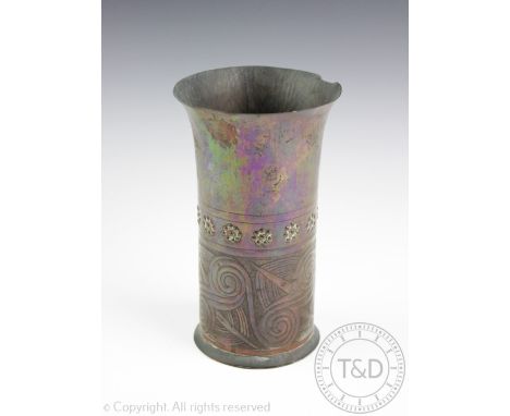 A Keswick School of Industrial Arts copper vase, embossed with prunts and Celtic detailing, stamped KSIA to underside, 19cm  