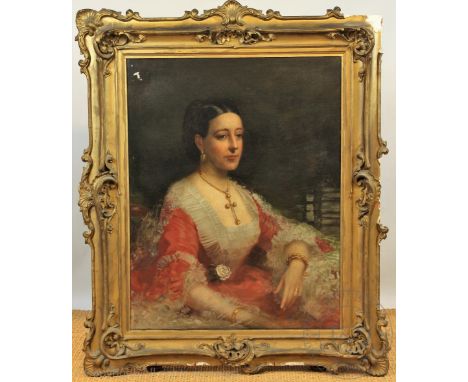 English / Spanish School - 19th century, Oil on canvas, Portrait of a lady in a lace trim red dress with a gold cross necklac