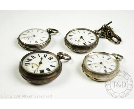 Four silver cased, open face pocket watches, each with white enamel dial, black Roman numerals and subsidiary seconds dial, t