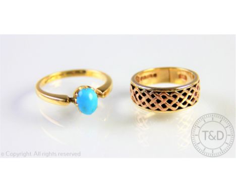 A Welsh gold 9ct gold band, makers mark CD and dragon, with Celtic woven detail, size G, weight 3.3gms and a cabochon turquoi