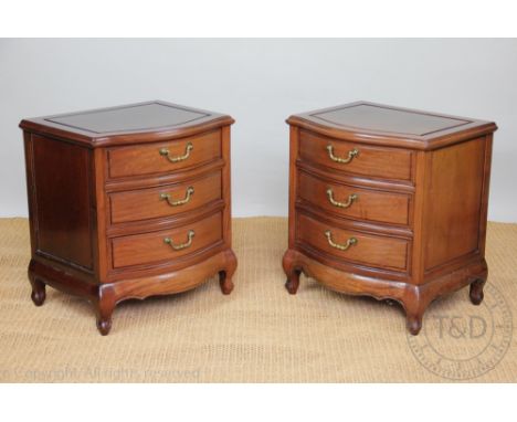 A pair of modern Chinese hardwood bow front bedside cabinets, with three drawers on scroll legs, 56.5cm H x 51cm W x 40cm D 