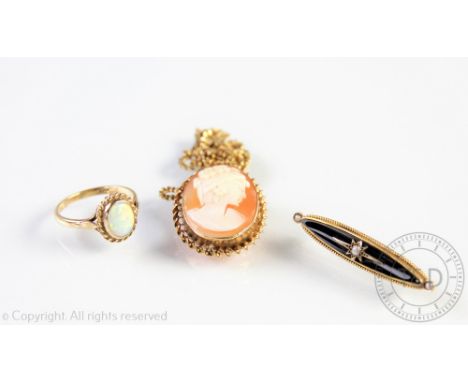 A carved shell cameo brooch with 9ct yellow gold surround, an opal ring in '9ct' setting, a Victorian bar brooch, and a 9ct g