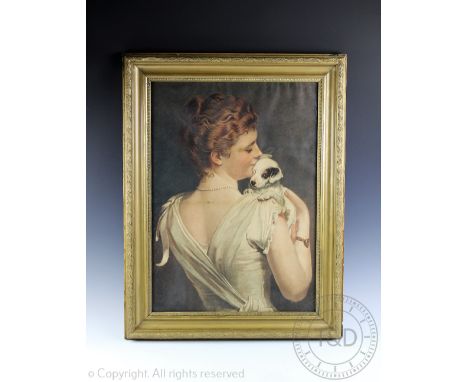 English School (19th century), 
Colour print, 
Lady holding a puppy, 
57cm x 41cm, 
Gilt wood and gesso frame