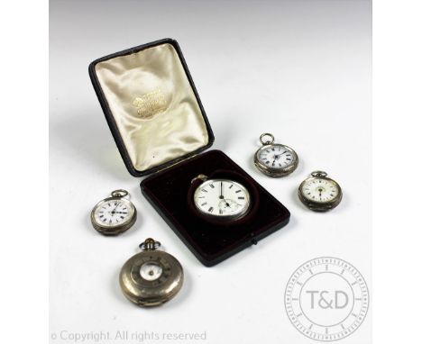 Three silver cased ladys fob watch, each with white enamel dial with black Roman numerals and decorative enamelled and gilded