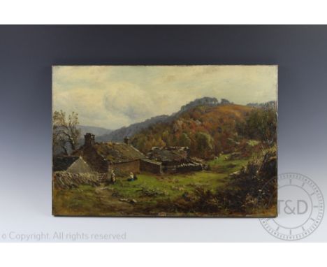 James Elliot - late 19th century, Oil on canvas, Landscape with farm cottage and figures, 40.5cm x 60.5cm,Unframed, With a pa