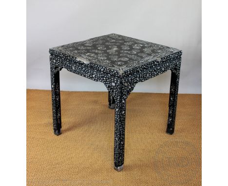 A 18th / 19th century Chinese lacquered square table / Baxian Zhuo, inlaid throughout with mother of pearl, the top with a de