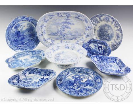 A collection of 19th century and later blue and white transfer printed pearl ware ceramics to include a Spode plate printed i