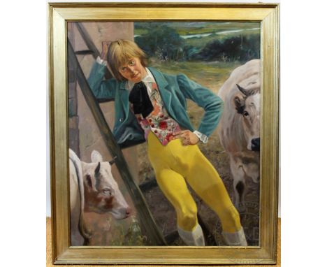 Manner of Andre Durand - (French Canadian b.1947)Oil on canvas, Portrait of a male model in 18th century attire and by a barn