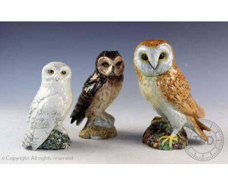 Three Beswick owls comprising; Barn owl, model number 1046A, 19cm high, short eared owl whiskey flask, model number 2825, 17c